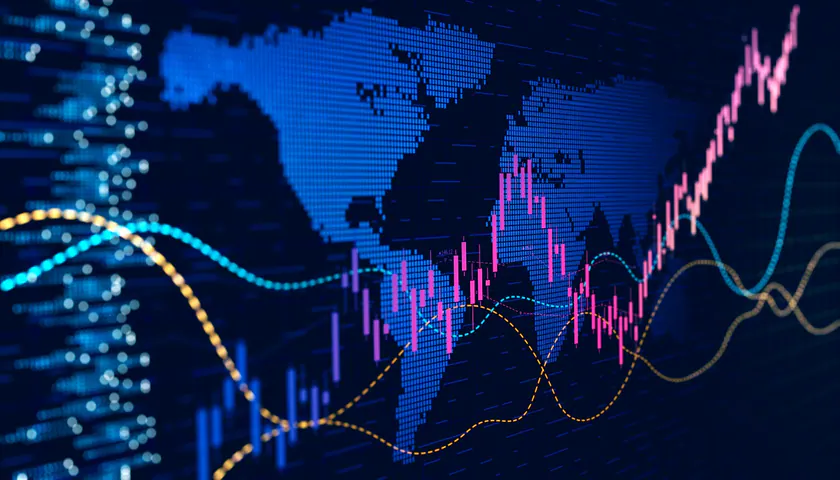 Financial charts in cyan, magenta and yellow over a blue digital world map