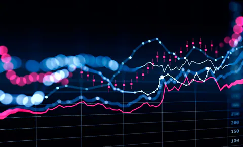 Blue, white and magenta financial chart lines and candlesticks on a dark navy background