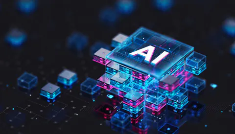 A luminous AI processor surrounded by connected glass-like blocks in blue and magenta