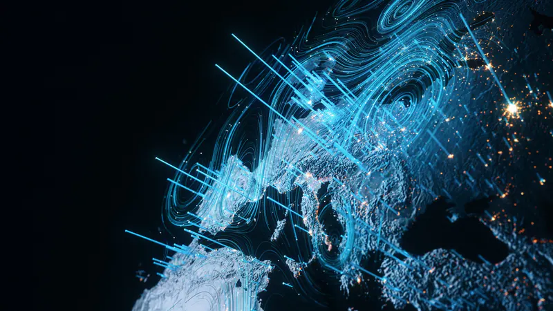 A digital world map with luminous data contours and signals