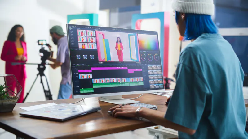 Video editor working on a colorful production while a camera crew films a presenter