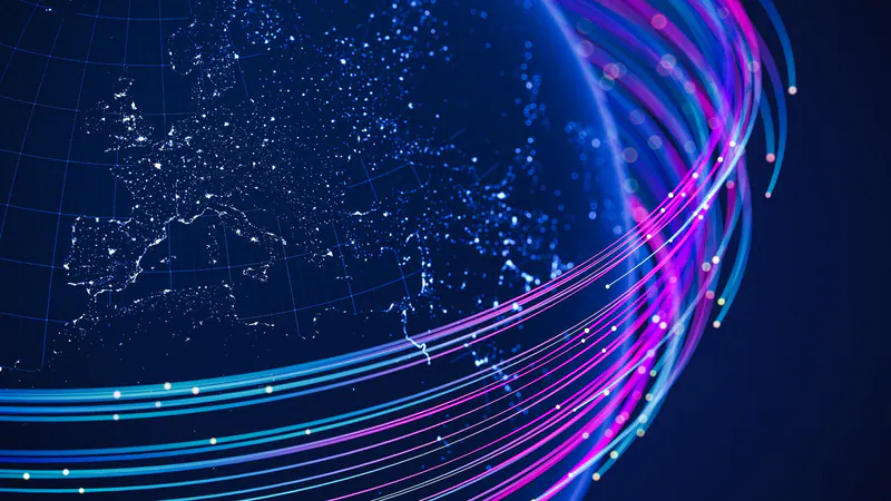 Luminous routes curving around a connected digital globe
