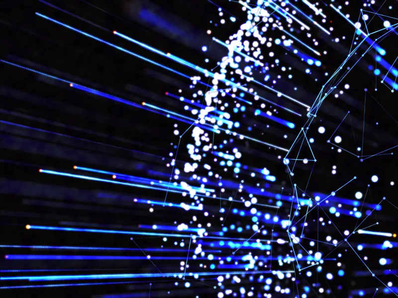 Luminous blue data streams and interconnected points on a dark background