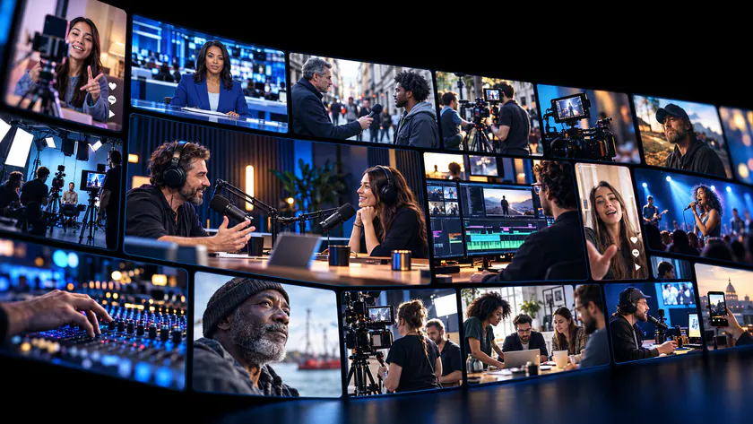 Media production collage with a podcast interview, newsroom, social video creators and filming crews